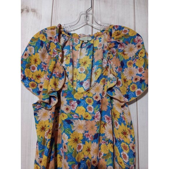 Status by Chenault Shirt Ladies Large Blue Yellow Floral Flutter Sleeve Light We - Picture 3 of 8